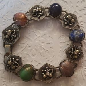 Vintage 7" Florenza style Victorian revival link bracelet silver multicolored